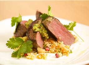 Venison Medallions with Roasted Squash and Parsley Tabbouleh and fresh Salsa Verde Dressing