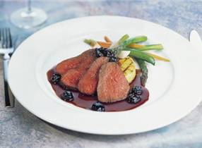 Venison with cracked black pepper and sour cherry sauce 