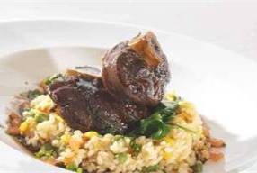 Osso bucco, new pea and sweet corn risotto