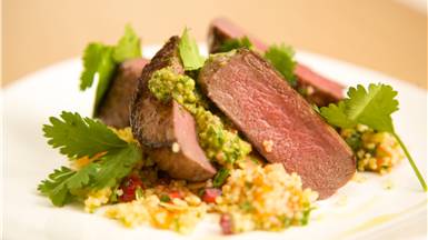 Venison Medallions with Roasted Squash and Parsley Tabbouleh and fresh Salsa Verde Dressing