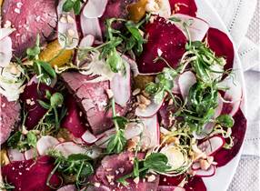 Venison, Beetroot, Orange and Hazelnut Salad with Shaved Brussels